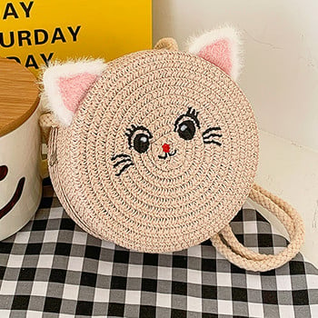 Сладка котка Crossbody чанти Модни момичета Малка кръгла сламена чанта Проста преносима Елегантна ръчно изработена личност за ваканционно пътуване