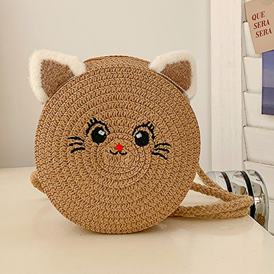 Χαριτωμένα χιαστί τσάντες για κορίτσια μόδας Μικρή στρογγυλή ψάθινη τσάντα Απλή φορητή Κομψή χειροποίητη προσωπικότητα για ταξίδια διακοπών