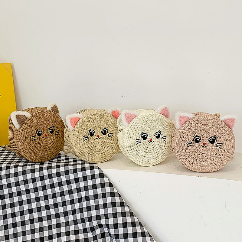 Χαριτωμένα χιαστί τσάντες για κορίτσια μόδας Μικρή στρογγυλή ψάθινη τσάντα Απλή φορητή Κομψή χειροποίητη προσωπικότητα για ταξίδια διακοπών