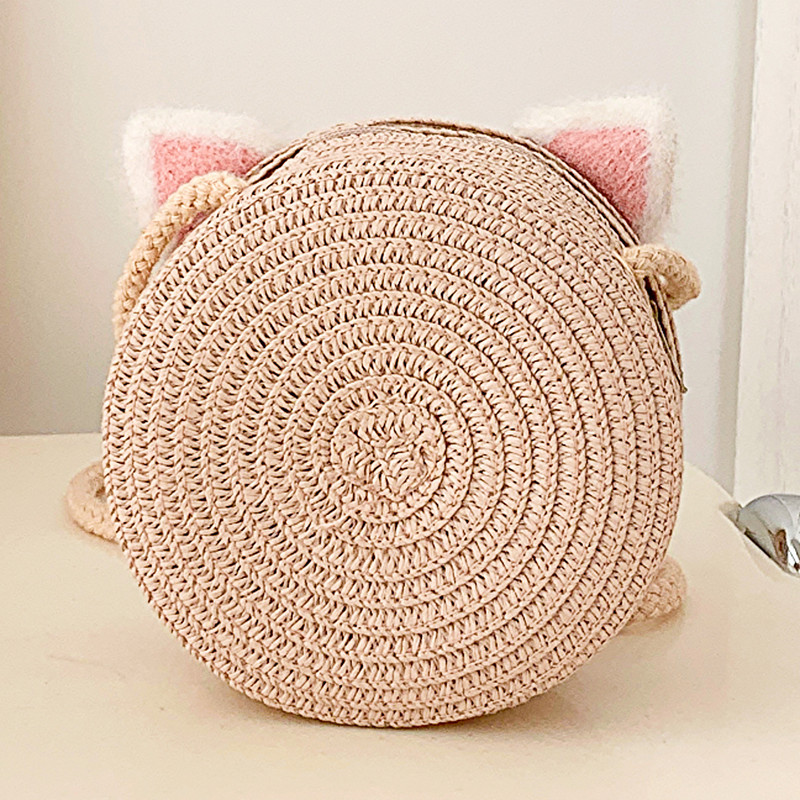 Χαριτωμένα χιαστί τσάντες για κορίτσια μόδας Μικρή στρογγυλή ψάθινη τσάντα Απλή φορητή Κομψή χειροποίητη προσωπικότητα για ταξίδια διακοπών