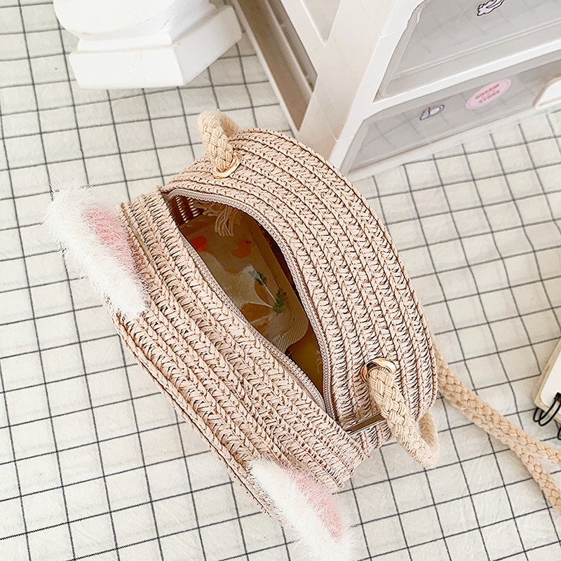 Χαριτωμένα χιαστί τσάντες για κορίτσια μόδας Μικρή στρογγυλή ψάθινη τσάντα Απλή φορητή Κομψή χειροποίητη προσωπικότητα για ταξίδια διακοπών