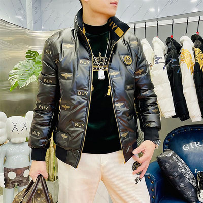 Europska stanica nova zimska ležerna perjanica Europska muška RC kožna naljepnica s leopardovom glavom, vrhunska muška jakna s bijelim pačjim perjem