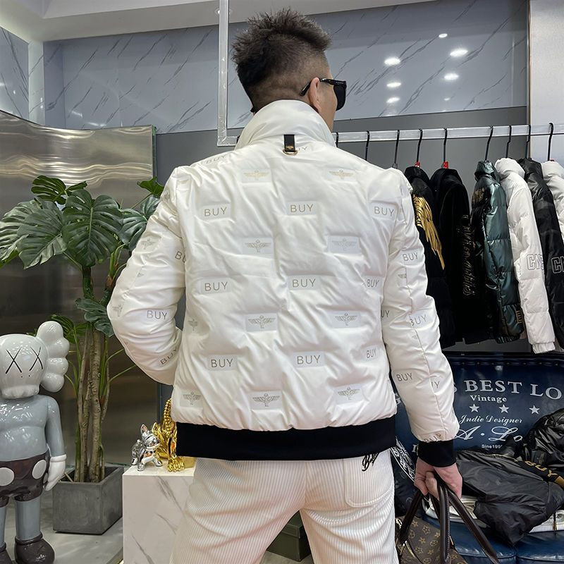 Europska stanica nova zimska ležerna perjanica Europska muška RC kožna naljepnica s leopardovom glavom, vrhunska muška jakna s bijelim pačjim perjem