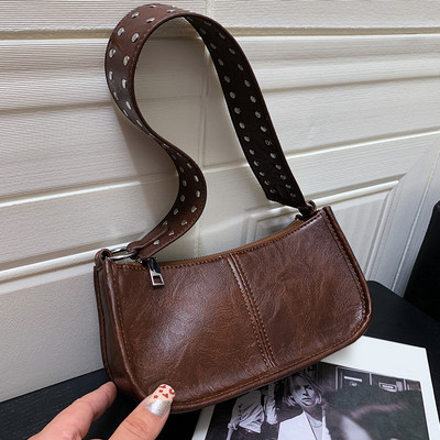 Geantă de umăr retro pentru femei, cu decor cu împodobire, geantă cu sling, curea reglabilă din piele, geantă de mână din PU, geantă de mână pentru întâlniri zilnice