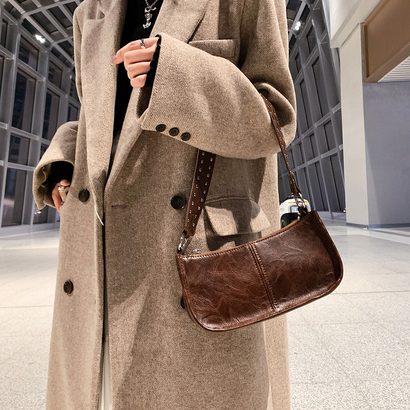 Geantă de umăr retro pentru femei, cu decor cu împodobire, geantă cu sling, curea reglabilă din piele, geantă de mână din PU, geantă de mână pentru întâlniri zilnice