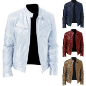 Μόδα Vintage δερμάτινο κοντό μπουφάν Φθινοπωρινό αντιανεμικό σταντ μοτοσυκλέτας Κολάρο Pu Biker Παλτό Μασίφ φερμουάρ Slim Fit Ανδρικά