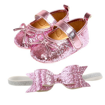 Βρεφικά παπούτσια Δερμάτινα για νήπια Baby Girl First Walkers Sets Headband Bow-knot Μαλακή σόλα Hook Loop Bling παπούτσια για κορίτσια