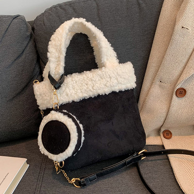 Γυναικεία τσάντα από μαλλί από ψεύτικο αρνί Ευέλικτη βελούδινη τσάντα χιαστί με τσάντα νομισμάτων Fluffy tote Τσάντα τσάντα Messenger Κομψή τσάντα