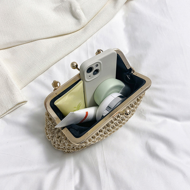 Genți de paie pentru plajă de vară Poșetă de banchet de petrecere cu lanț de aur rafinat Geanta de mână țesute manual pentru femei, genți de umăr