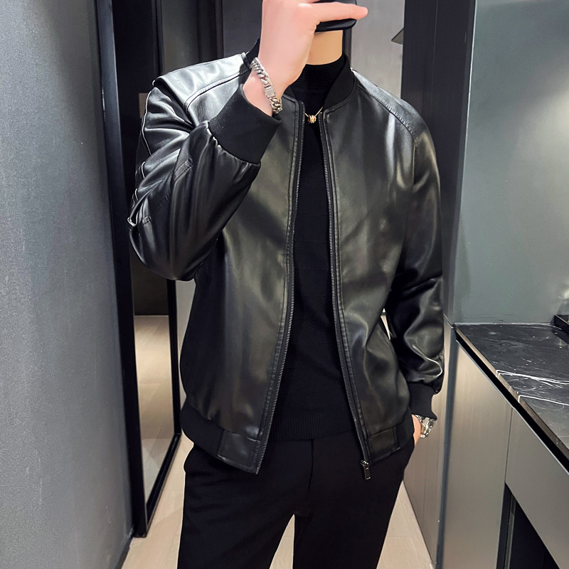 Jesenná zimná pánska bunda z PU kože 2023, módny baseballový golier, ležérne bundy, jednofarebné motocyklové kožené vrchné oblečenie pre mužov