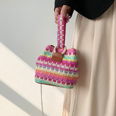 Γυναικεία τσάντα κουβά Πολύχρωμη ψάθινη τσάντα ώμου Casual υφασμένη τσάντα Messenger Fashion Τσάντα χιαστί Καλοκαιρινή τσάντα Hobo Θηλυκό συμπλέκτη