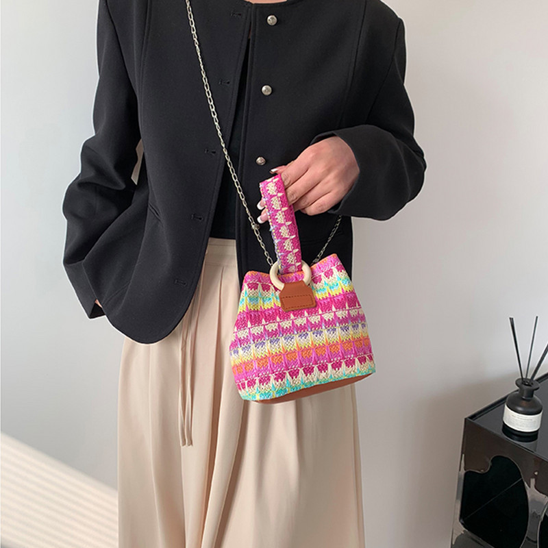 Γυναικεία τσάντα κουβά Πολύχρωμη ψάθινη τσάντα ώμου Casual υφασμένη τσάντα Messenger Fashion Τσάντα χιαστί Καλοκαιρινή τσάντα Hobo Θηλυκό συμπλέκτη