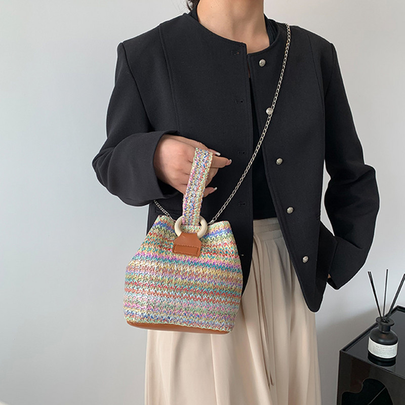 Γυναικεία τσάντα κουβά Πολύχρωμη ψάθινη τσάντα ώμου Casual υφασμένη τσάντα Messenger Fashion Τσάντα χιαστί Καλοκαιρινή τσάντα Hobo Θηλυκό συμπλέκτη