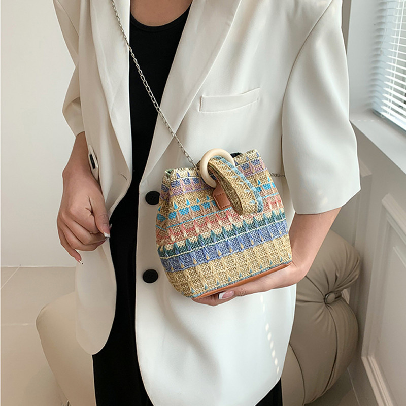 Γυναικεία τσάντα κουβά Πολύχρωμη ψάθινη τσάντα ώμου Casual υφασμένη τσάντα Messenger Fashion Τσάντα χιαστί Καλοκαιρινή τσάντα Hobo Θηλυκό συμπλέκτη