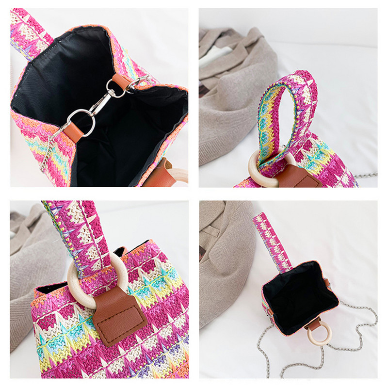 Γυναικεία τσάντα κουβά Πολύχρωμη ψάθινη τσάντα ώμου Casual υφασμένη τσάντα Messenger Fashion Τσάντα χιαστί Καλοκαιρινή τσάντα Hobo Θηλυκό συμπλέκτη