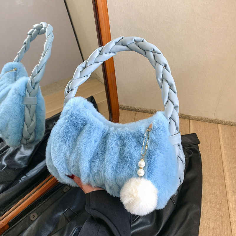 Genți de mână din blană artificială pentru femei, cu fermoar, geantă de mână cu umăr pentru doamnă, ocazional, genți de mână cu jumătate de lună, genți de pluș