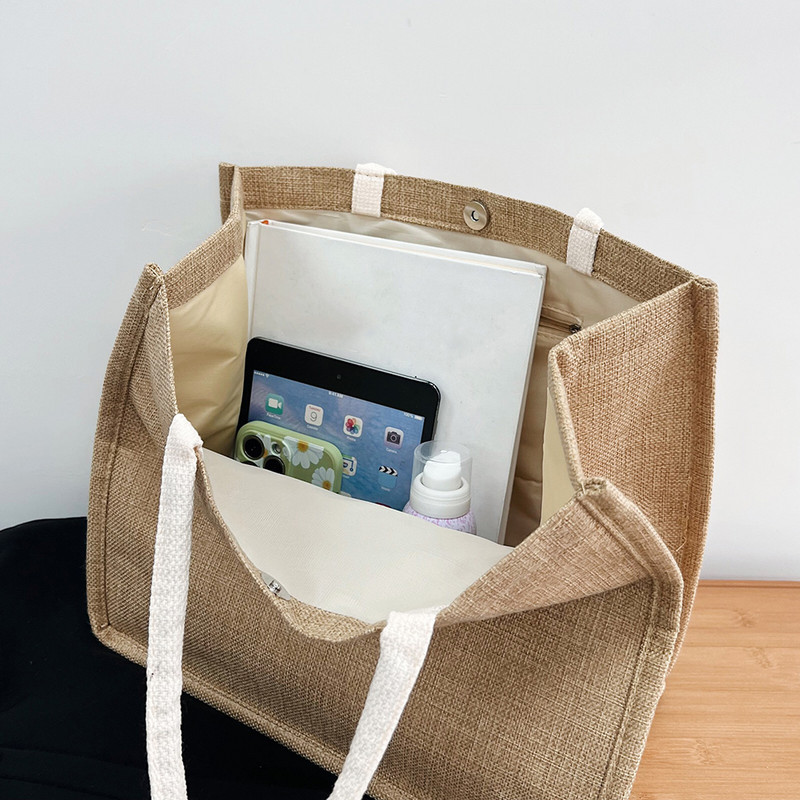 Lanene torbe za kupnju s gornjom ručkom Ženska ručna torbica Torbica s kopčom velikog kapaciteta s pretincem Torbica za putovanja na odmor