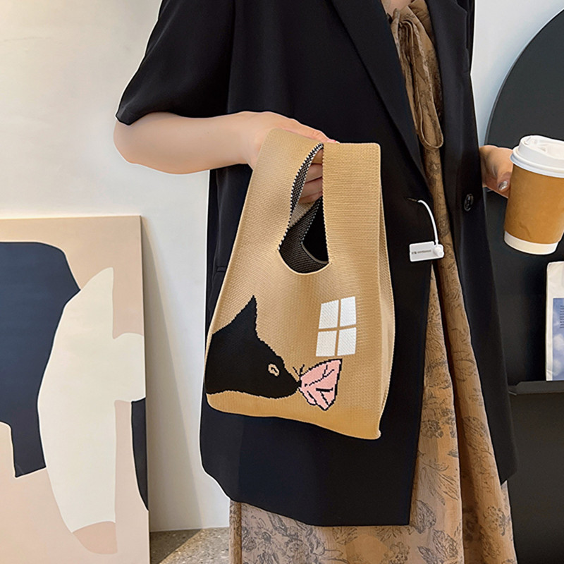 Genți de mână din tricot, lucrate manual, la modă, pentru femei, geantă de mână cu nod, nouă, coreeană, de culoare casual, genți de cumpărături reutilizabile pentru studenți 2023