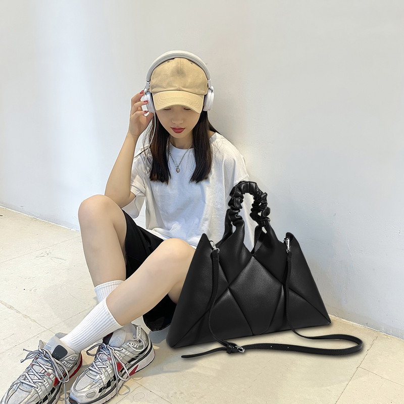 Geantă de mână tote pentru femei cu mâner încrețit Geantă retro cu sling de capacitate mare din piele PU de culoare solidă pentru călătoria cumpărătorului