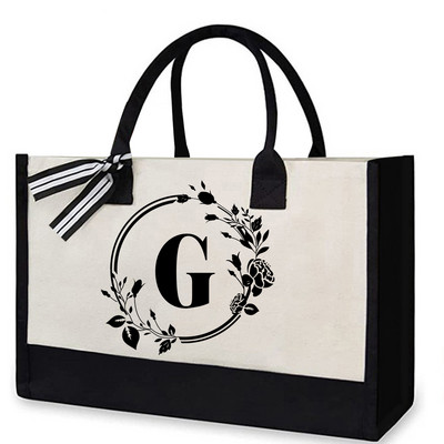 Geantă de pânză Tote de pânză de modă Litere de flori, portabil, de plajă, geantă de cumpărături, geantă de picnic ocazională de mare capacitate