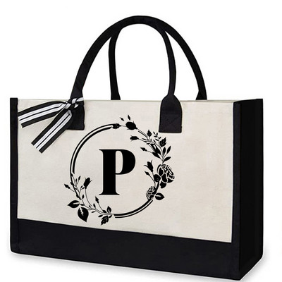 Geantă de pânză Tote de pânză de modă Litere de flori, portabil, de plajă, geantă de cumpărături, geantă de picnic ocazională de mare capacitate