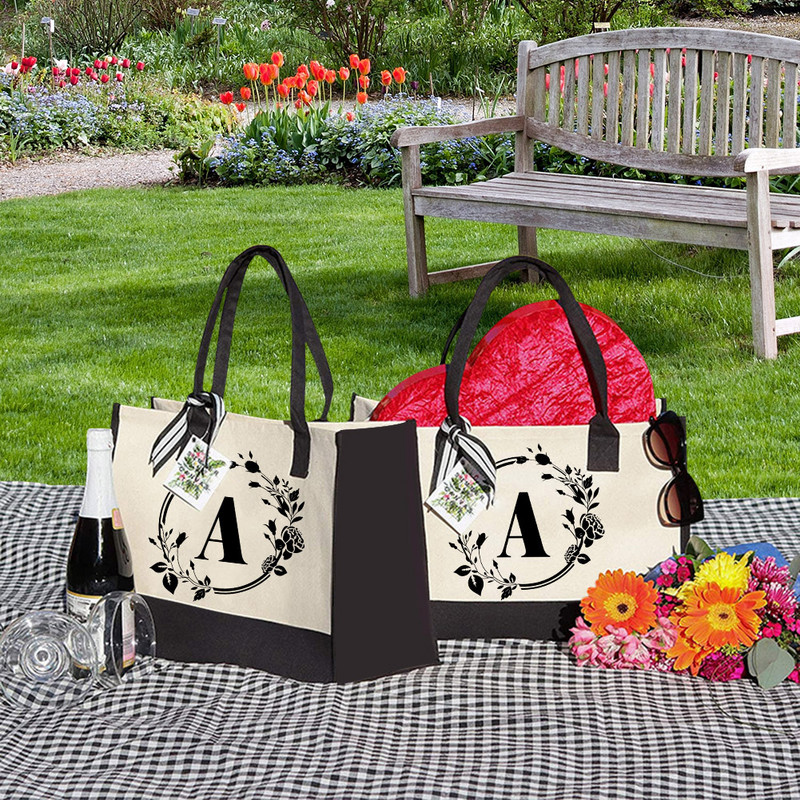Geantă de pânză Tote de pânză de modă Litere de flori, portabil, de plajă, geantă de cumpărături, geantă de picnic ocazională de mare capacitate