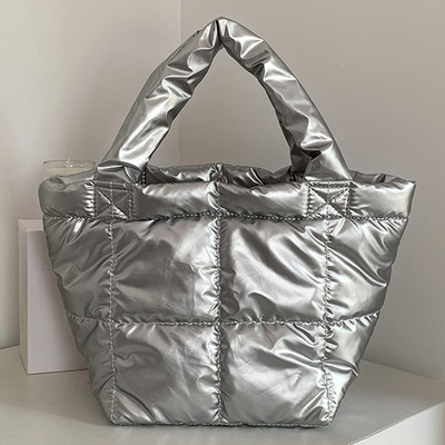 Geantă de umăr umflată de designer pentru femei, matlasată, din bumbac, căptușită cu pene, geantă de mână de mare capacitate, tote pentru cumpărături de iarnă.