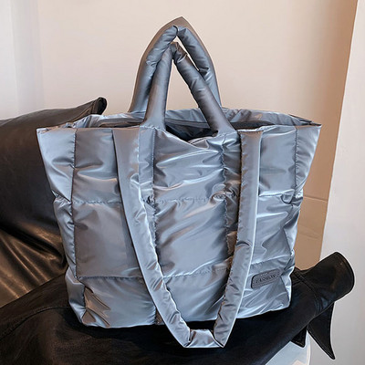 Geantă de umăr umflată de designer pentru femei, matlasată, din bumbac, căptușită cu pene, geantă de mână de mare capacitate, tote pentru cumpărături de iarnă.