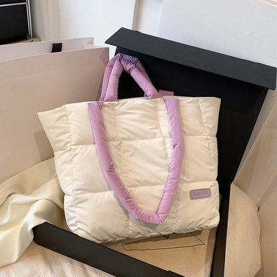 Geantă de umăr umflată de designer pentru femei, matlasată, din bumbac, căptușită cu pene, geantă de mână de mare capacitate, tote pentru cumpărături de iarnă.