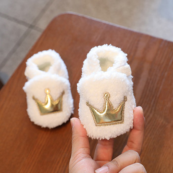 Зимни новородени момичета момче Crown Polka Сладки анимационни памучни обувки Мека подметка плюс кадифени топли ботуши Обувки за прохождане на малки деца