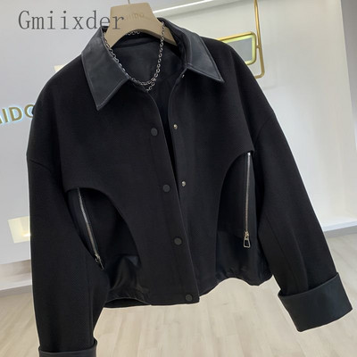 Gmiixder Unisex Pu bőr patchwork rövid gyapjú kabát férfi női tavaszi ősz 2023 tervezői niche toldott cipzáros hajtóka kabát