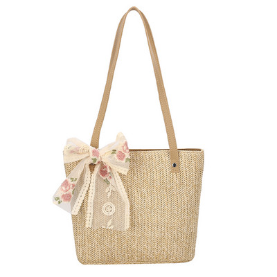 Geantă de umăr țesătă din paie vintage pentru femei, ocazional din dantelă, cu panglică, genți de mână din răchită, geantă boho din paie pentru vara, mâner de plajă, genți bej