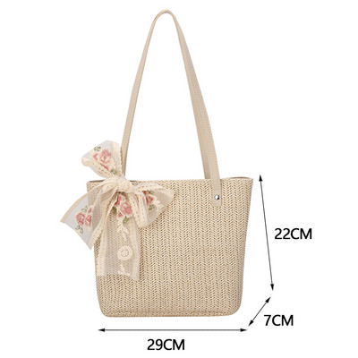 Geantă de umăr țesătă din paie vintage pentru femei, ocazional din dantelă, cu panglică, genți de mână din răchită, geantă boho din paie pentru vara, mâner de plajă, genți bej