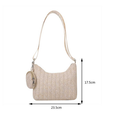 Geantă de umăr țesătă din paie vintage pentru femei, ocazional din dantelă, cu panglică, genți de mână din răchită, geantă boho din paie pentru vara, mâner de plajă, genți bej