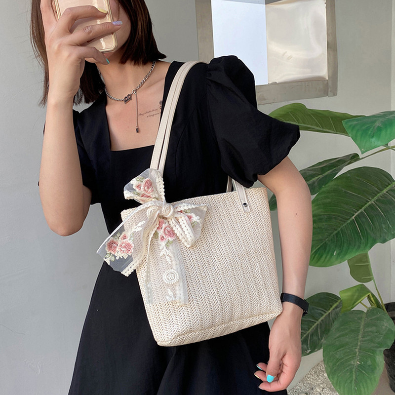 Geantă de umăr țesătă din paie vintage pentru femei, ocazional din dantelă, cu panglică, genți de mână din răchită, geantă boho din paie pentru vara, mâner de plajă, genți bej