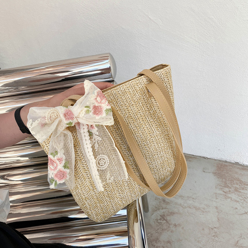 Geantă de umăr țesătă din paie vintage pentru femei, ocazional din dantelă, cu panglică, genți de mână din răchită, geantă boho din paie pentru vara, mâner de plajă, genți bej