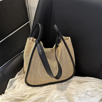 Casual γυναικεία τσάντα ώμου ψάθινη μεγάλη χωρητικότητα Τσάντα τσάντα παραλίας σε σχήμα τετράγωνου τσάντα + δερμάτινο πορτοφόλι με φερμουάρ PU για καθημερινές αγορές