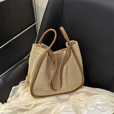 Casual γυναικεία τσάντα ώμου ψάθινη μεγάλη χωρητικότητα Τσάντα τσάντα παραλίας σε σχήμα τετράγωνου τσάντα + δερμάτινο πορτοφόλι με φερμουάρ PU για καθημερινές αγορές