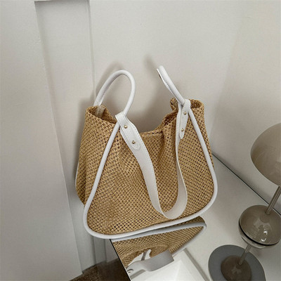 Casual γυναικεία τσάντα ώμου ψάθινη μεγάλη χωρητικότητα Τσάντα τσάντα παραλίας σε σχήμα τετράγωνου τσάντα + δερμάτινο πορτοφόλι με φερμουάρ PU για καθημερινές αγορές