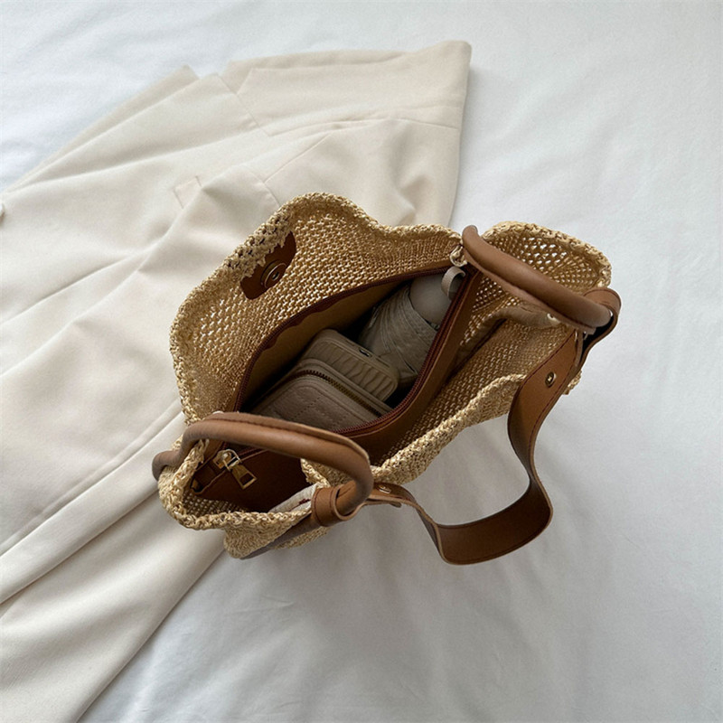 Casual γυναικεία τσάντα ώμου ψάθινη μεγάλη χωρητικότητα Τσάντα τσάντα παραλίας σε σχήμα τετράγωνου τσάντα + δερμάτινο πορτοφόλι με φερμουάρ PU για καθημερινές αγορές