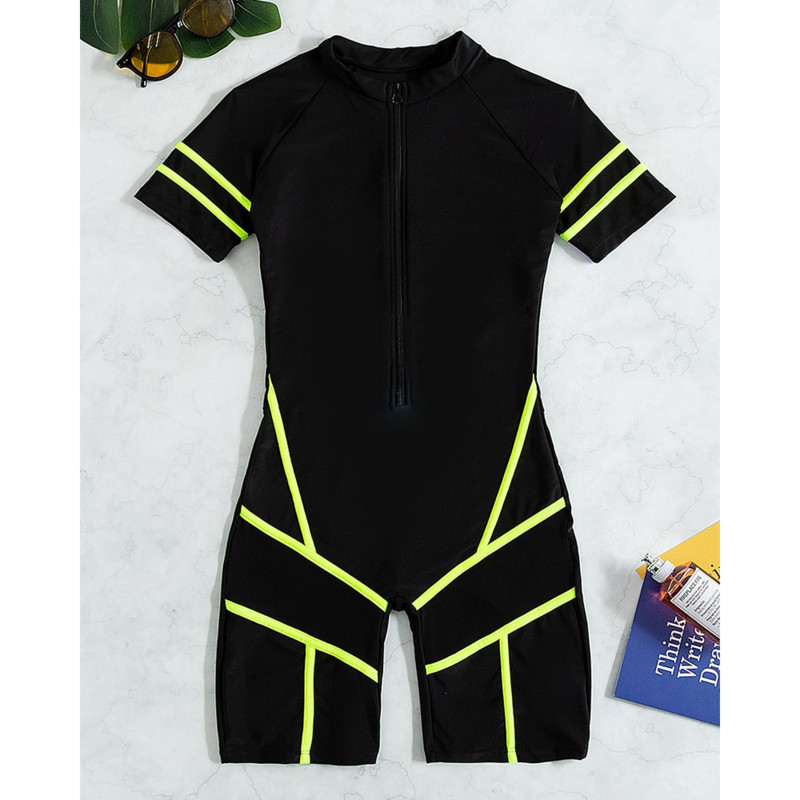 Jednodijelni kupaći kostim, ženski sportski kupaći kostim, novi kontrastni mrežasti kupaći kostim iz 2023., ženski prugasti monokini s patentnim zatvaračem sprijeda, atletski kupaći kostim za plažu