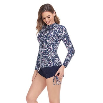 Rashguard Γυναικεία μακρυμάνικα μαγιό Floral print σερφ Φόρεμα με φερμουάρ εμπρός Tankini floral κορδόνι μπικίνι Raglan μανίκι