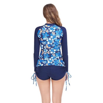 Rashguard Γυναικεία μακρυμάνικα μαγιό Floral print σερφ Φόρεμα με φερμουάρ εμπρός Tankini floral κορδόνι μπικίνι Raglan μανίκι