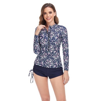 Rashguard Γυναικεία μακρυμάνικα μαγιό Floral print σερφ Φόρεμα με φερμουάρ εμπρός Tankini floral κορδόνι μπικίνι Raglan μανίκι