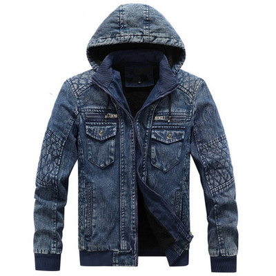 Toamnă și iarnă pentru bărbați fleece jachetă albastră caldă din denim pălărie la modă cu guler detașabil îmbrăcăminte exterioară ocazională cu glugă jachete din denim