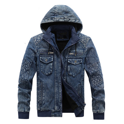 Toamnă și iarnă pentru bărbați fleece jachetă albastră caldă din denim pălărie la modă cu guler detașabil îmbrăcăminte exterioară ocazională cu glugă jachete din denim