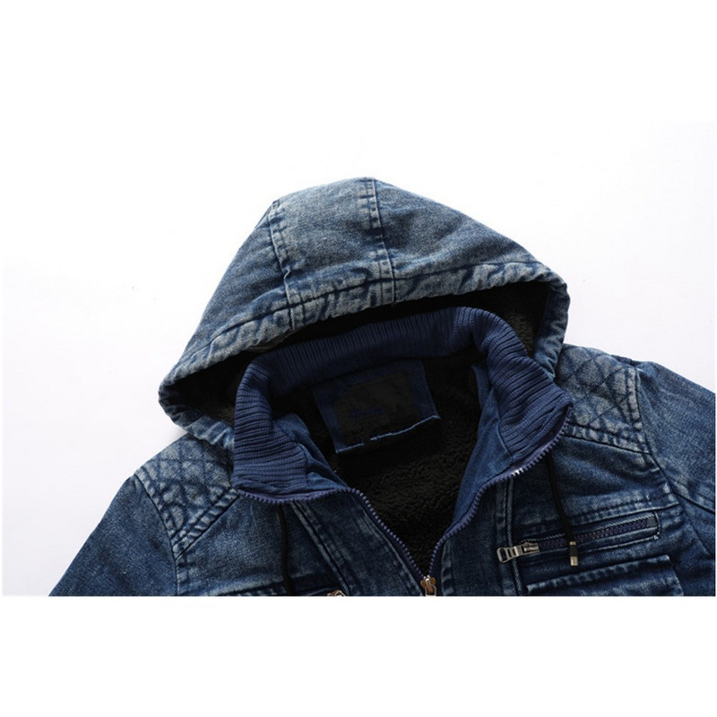 Toamnă și iarnă pentru bărbați fleece jachetă albastră caldă din denim pălărie la modă cu guler detașabil îmbrăcăminte exterioară ocazională cu glugă jachete din denim