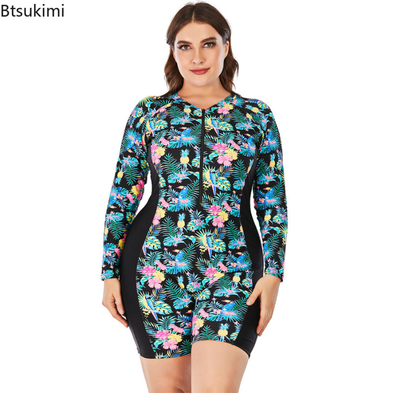 Νέα γυναικεία μαγιό μεγάλου μεγέθους 2023 One Piece Flower print Μακρυμάνικα κοστούμια κατάδυσης σερφ για κυρίες μεγάλου μεγέθους μαγιό παραλίας