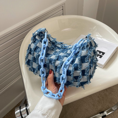 Vintage naiste vabaaja õlakott kaenlaaluste kott ruuduline mustriga trükkimine teksariidest väike rahakott naistele akrüülkett vaba aja käekotid rahakott