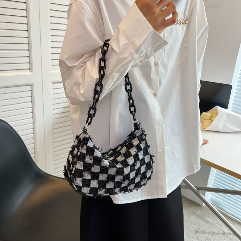 Vintage naiste vabaaja õlakott kaenlaaluste kott ruuduline mustriga trükkimine teksariidest väike rahakott naistele akrüülkett vaba aja käekotid rahakott